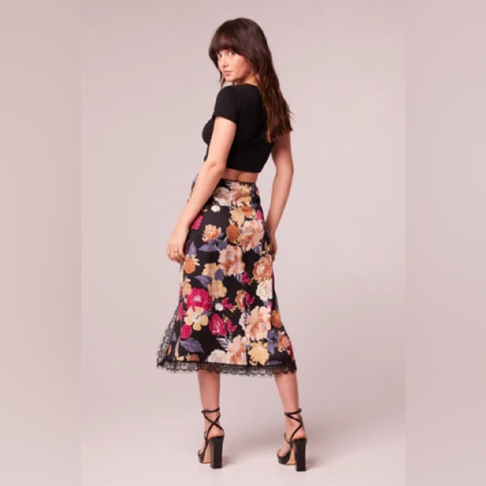 Floral Satin Midi Skirt - Black Multi - Picture 4 of 5